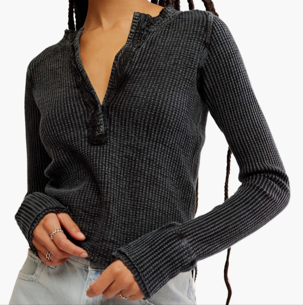 Free People One Colt Thermal Henley V Neck Long Sleeve Distressed Black Med NWT